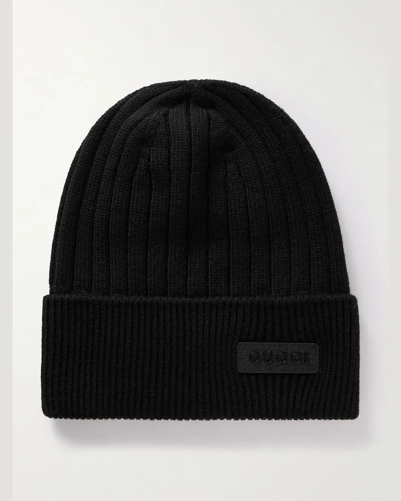 Gucci Logo-Appliquéd Ribbed Wool Beanie Black