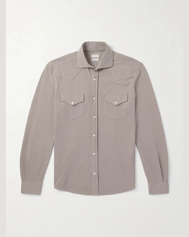 Brunello Cucinelli Schmal geschnittenes Hemd aus Baumwoll-Piqué im Western-Stil Neutral