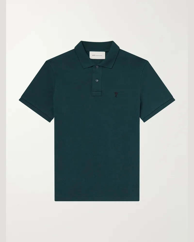 AMI Paris Logo-Embroidered Cotton-Piqué Polo Shirt Green
