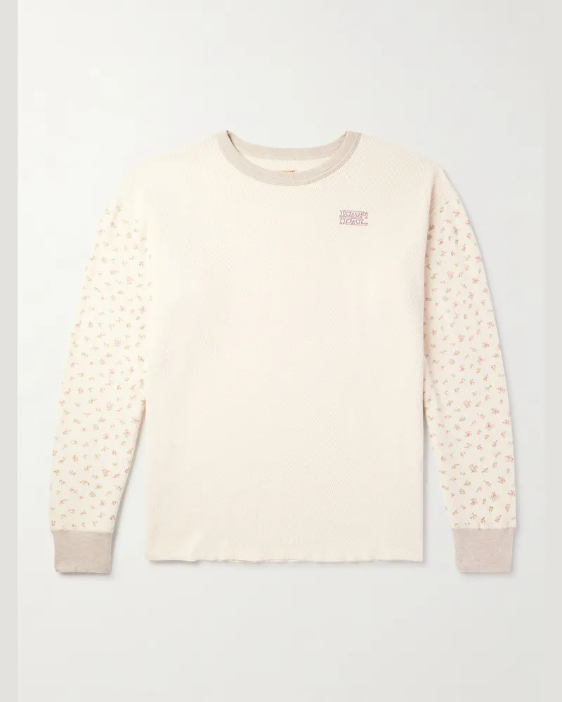 KAPITAL Logo-Embroidered Printed Waffle-Knit Cotton-Jersey T-Shirt Neutrals