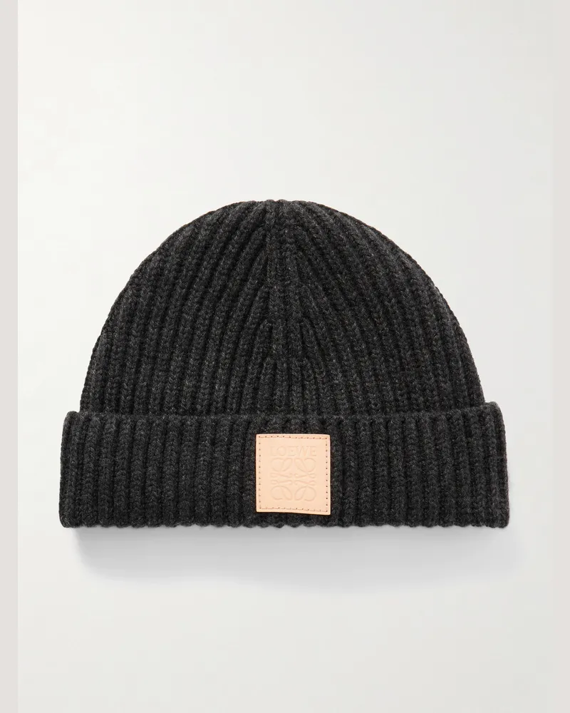 Loewe Beanie aus Kaschmir in Rippstrick mit Logoapplikation Schwarz