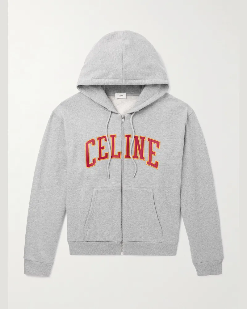 Celine Kapuzenjacke aus Baumwoll-Jersey mit Reißverschluss und Logoapplikation Grau