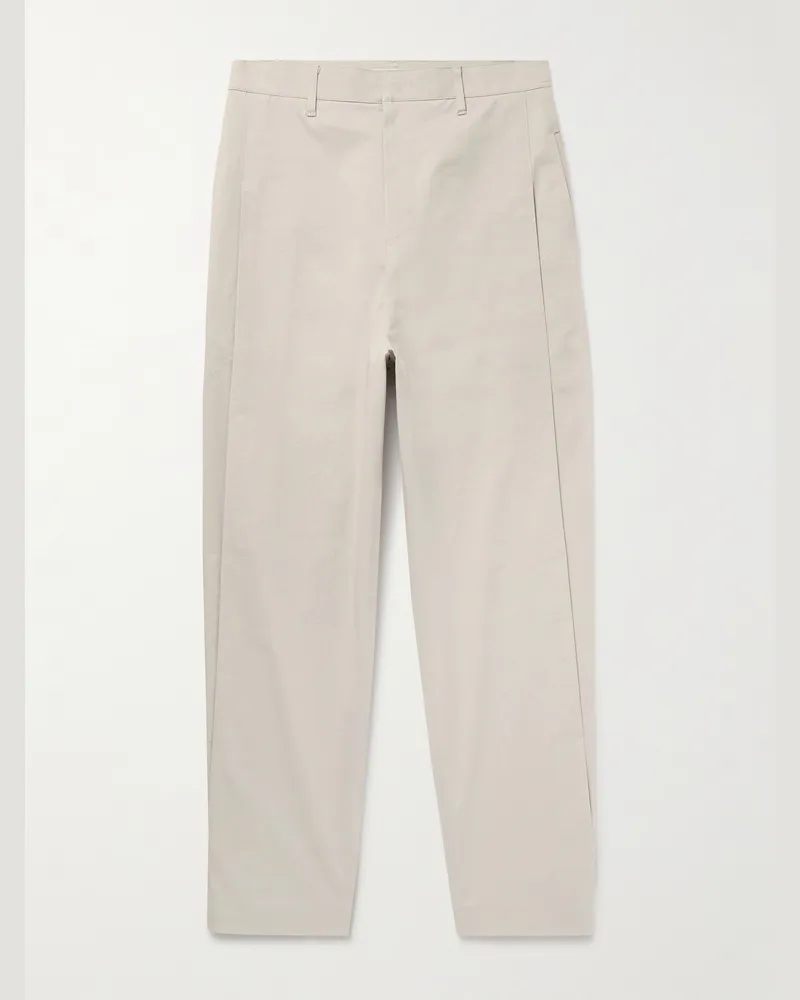 AMOMENTO Straight-Leg Pleated Cotton-Blend Poplin Trousers Neutrals