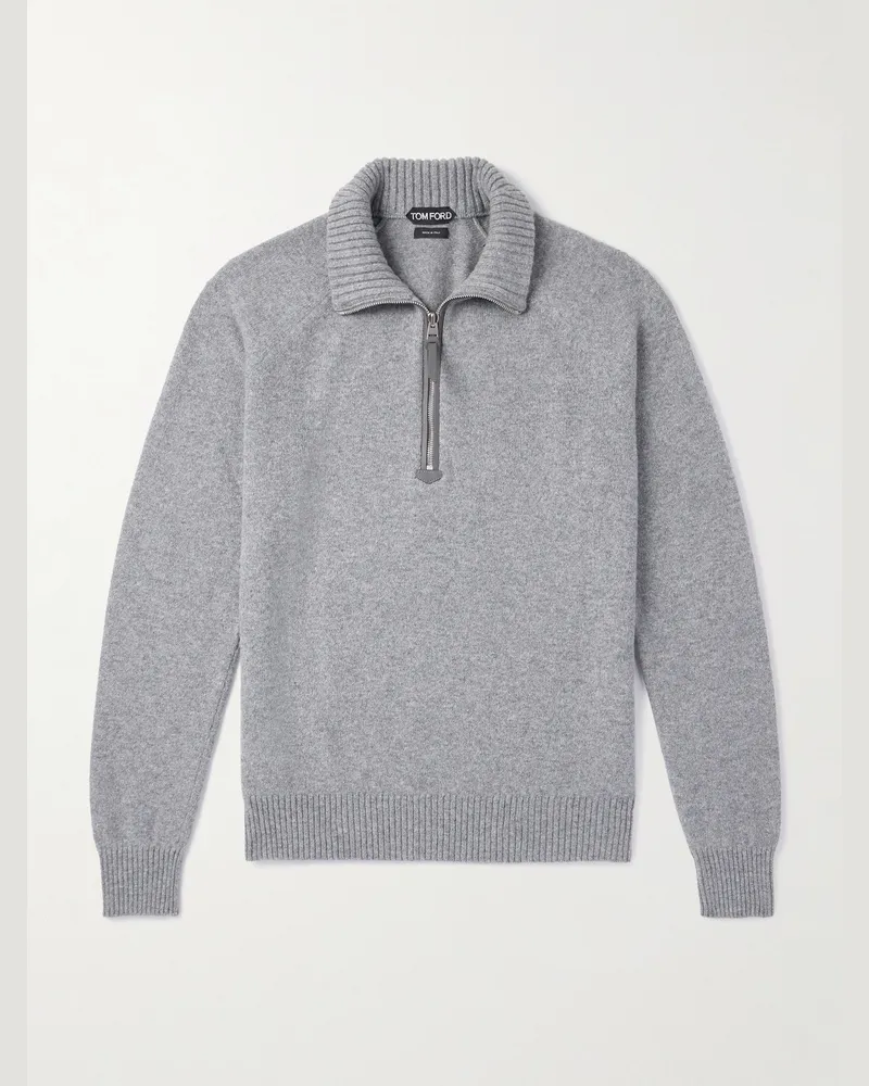 Tom Ford Leather-Trimmed Wool and Cashmere-Blend Half-Zip Rollneck Sweater Gray