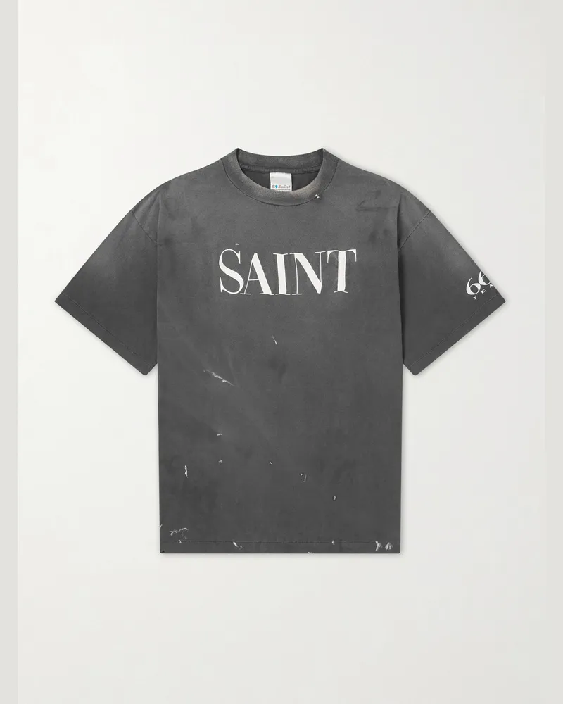 SAINT MXXXXXX Logo-Print Paint-Splattered Cotton-Jersey T-Shirt Black