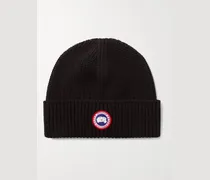 Beanie aus Wolle in Rippstrick mit Logoapplikation