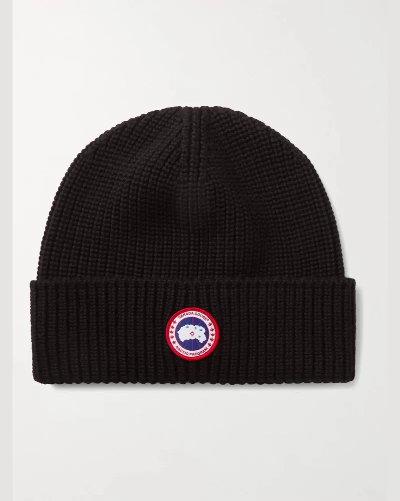 Canada Goose Beanie aus Wolle in Rippstrick mit Logoapplikation Schwarz