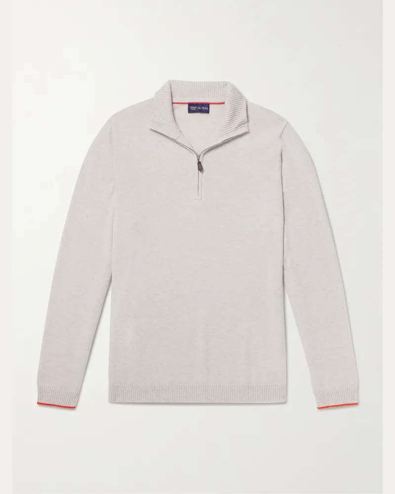 N.Peal Stanley Tucci Leather-Trimmed Cashmere Half-Zip Sweater Gray