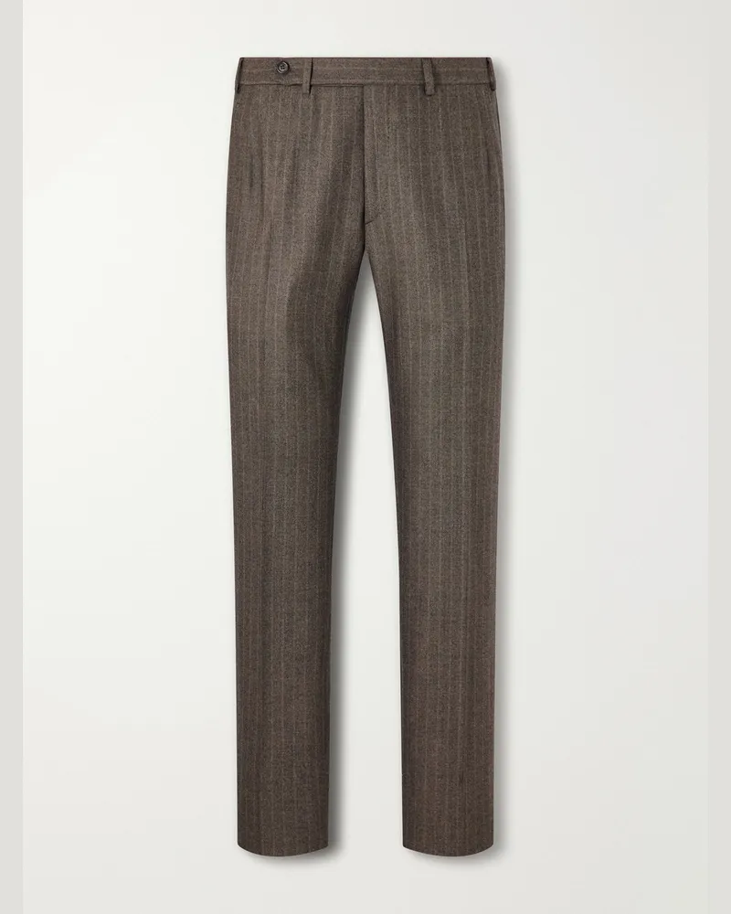 Brioni Plume Straight-Leg Herringbone Wool Suit Trousers Brown