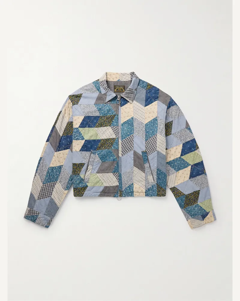 KAPITAL Yabane verkürzte Patchwork-Jacke aus einer gesteppten Baumwoll-Leinenmischung Blau