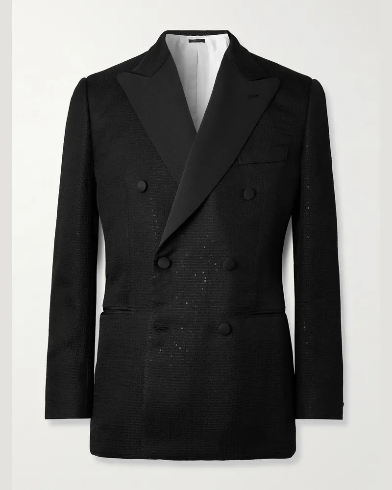 Brioni Virgilio doppelreihige Smokingjacke aus Jacquard aus einer Seidenmischung mit Ripsband und Pailletten Schwarz