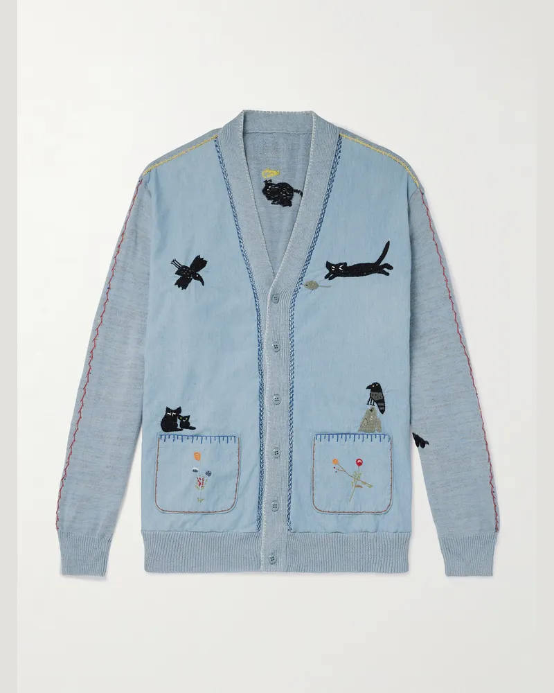 KAPITAL Embroidered Chambray and Cotton Cardigan Blue
