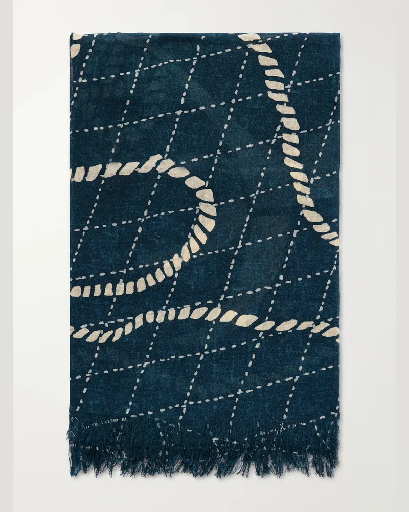KAPITAL Frayed Printed Gauze Scarf Blue