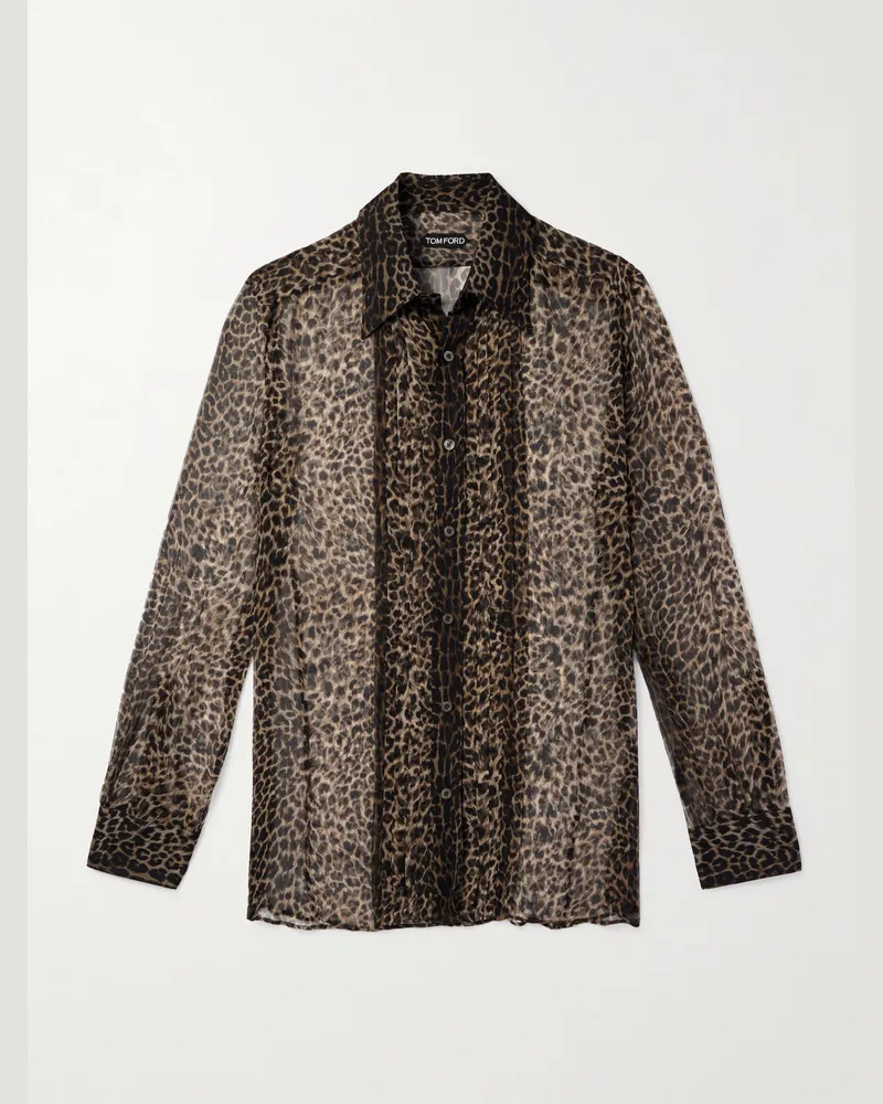 Tom Ford Hemd aus Seidenchiffon mit Leopardenprint und Falten Braun