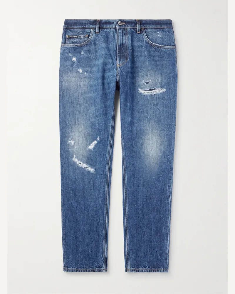 Dolce & Gabbana Schmal geschnittene und schmaler zulaufende Jeans mit Logostickerei in Distressed-Optik Blau