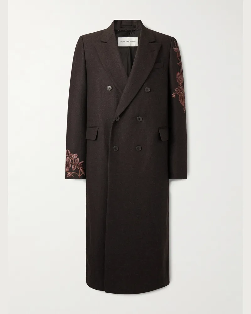 Dries van Noten Doppelreihiger Mantel aus Wollflanell mit Stickereien Braun