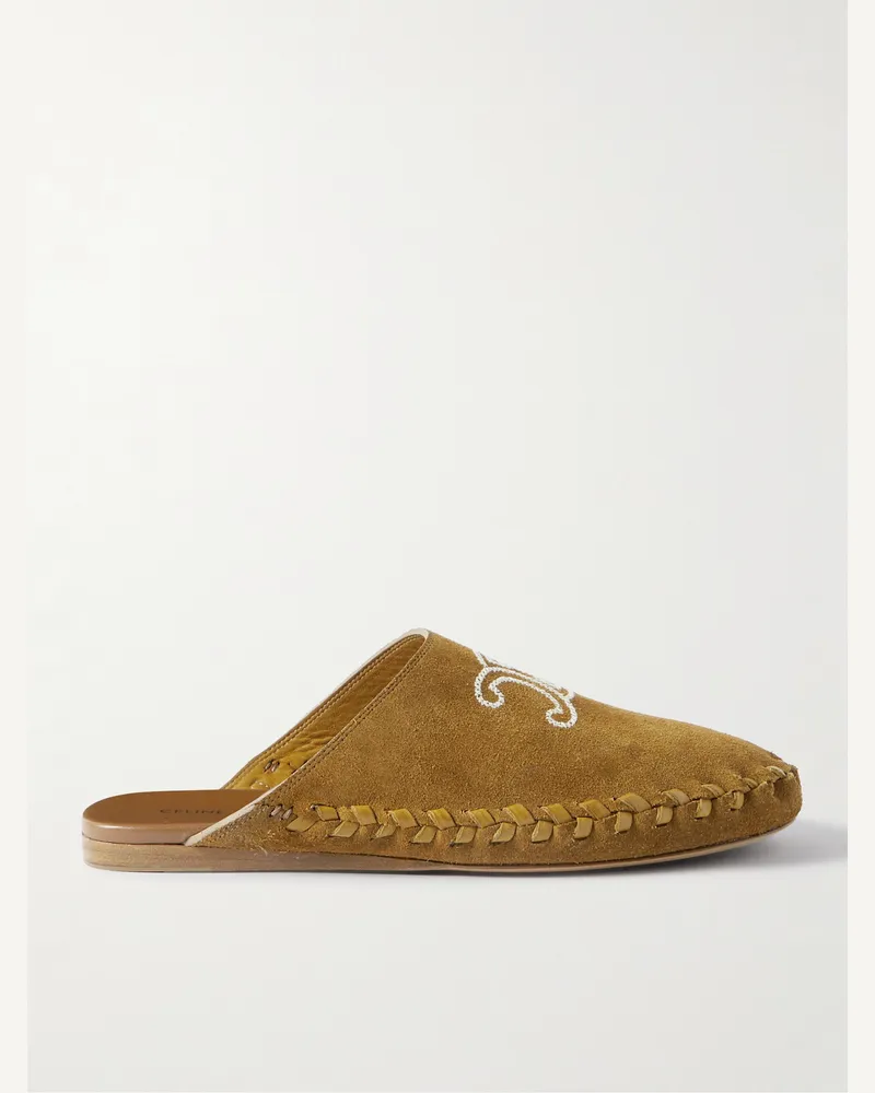 Celine Slippers aus Veloursleder mit Lederbesatz und Logostickerei Braun