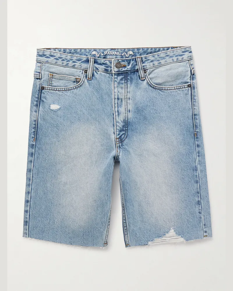 MANAAKI Tama Slim-Fit Straight-Leg Distressed Denim Shorts Blue