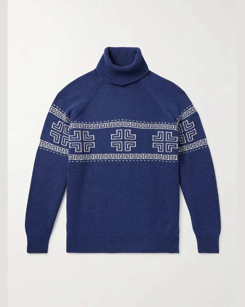 Brunello Cucinelli Intarsia-Knit Cashmere Rollneck Sweater Blue