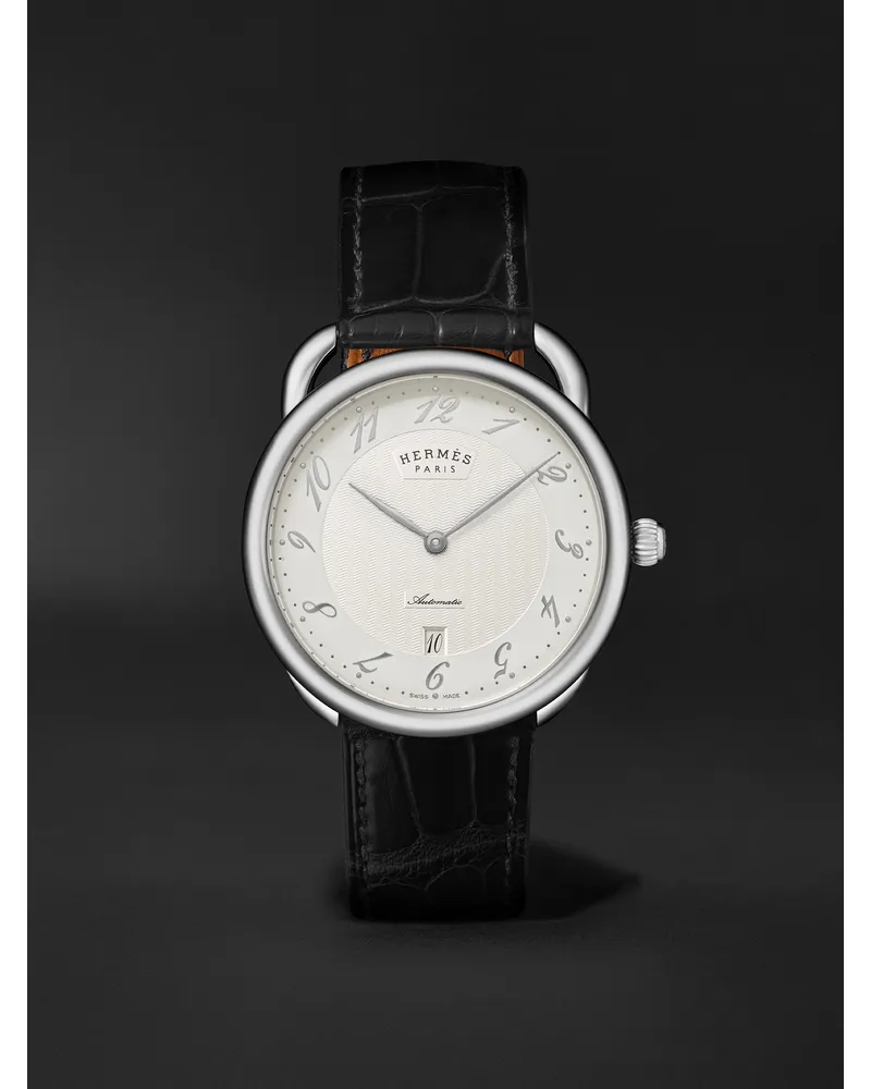 Hermès Arceau Automatic 40 mm Uhr aus Edelstahl mit Alligatorlederarmband, Ref.-Nr. 055574WW00 Weiß