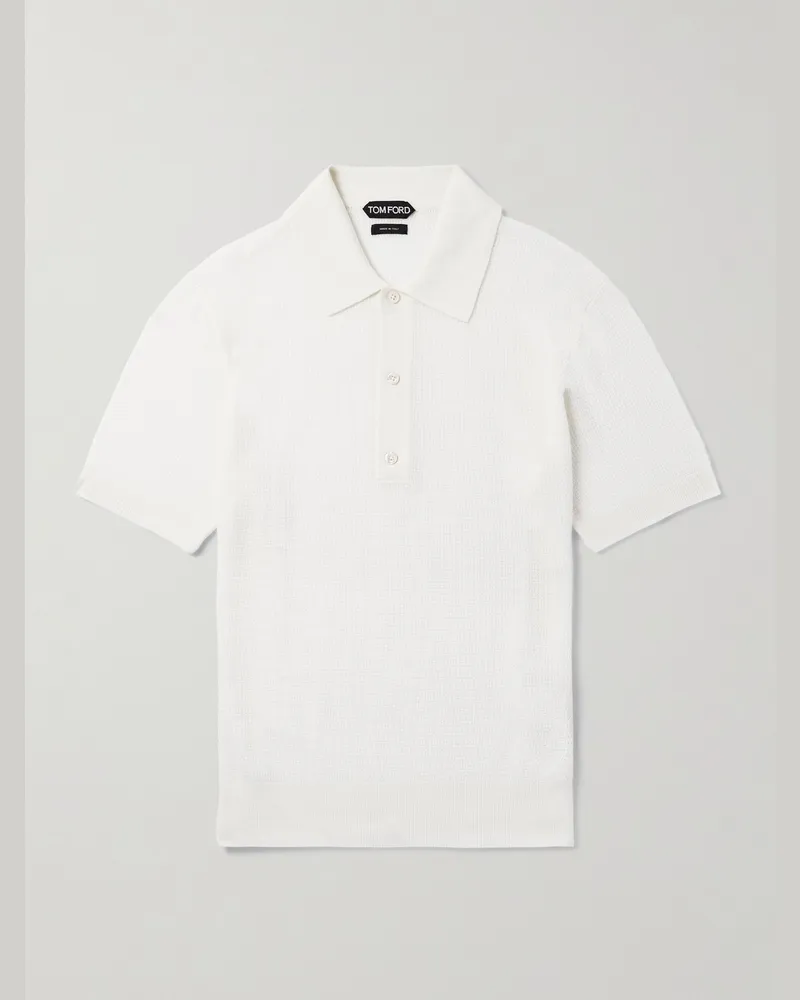 Tom Ford Schmal geschnittener Pullover aus Wolle in Waffelstrick mit Polokragen Weiß