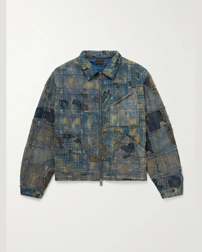 KAPITAL Boro Distressed Patchwork Denim Jacket Blue