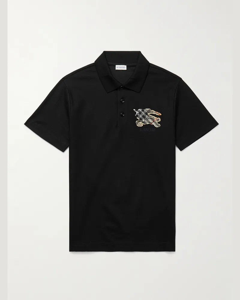 Burberry Logo-Embroidered Appliquéd Cotton-Piqué Polo Shirt Black