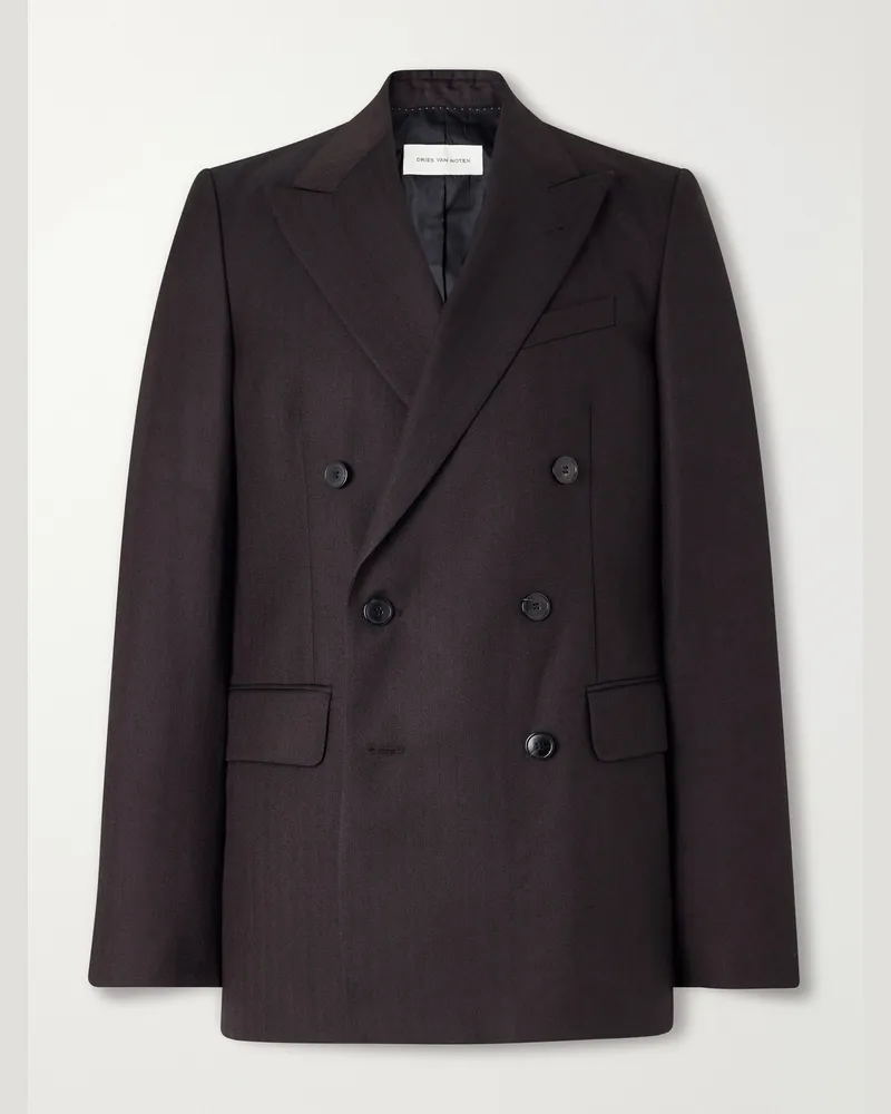 Dries van Noten Double-Breasted Herringbone Wool Blazer Brown