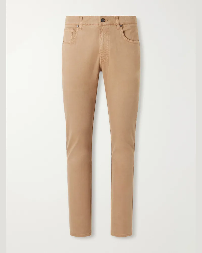 PURDEY Slim-Fit Straight-Leg Cotton-Blend Twill Trousers Brown