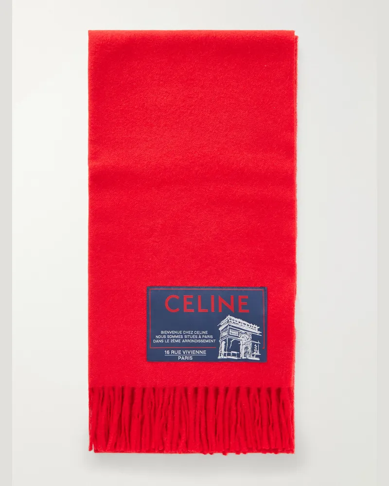 Celine Logo-Appliquéd Fringed Wool and Cashmere-Blend Scarf Red