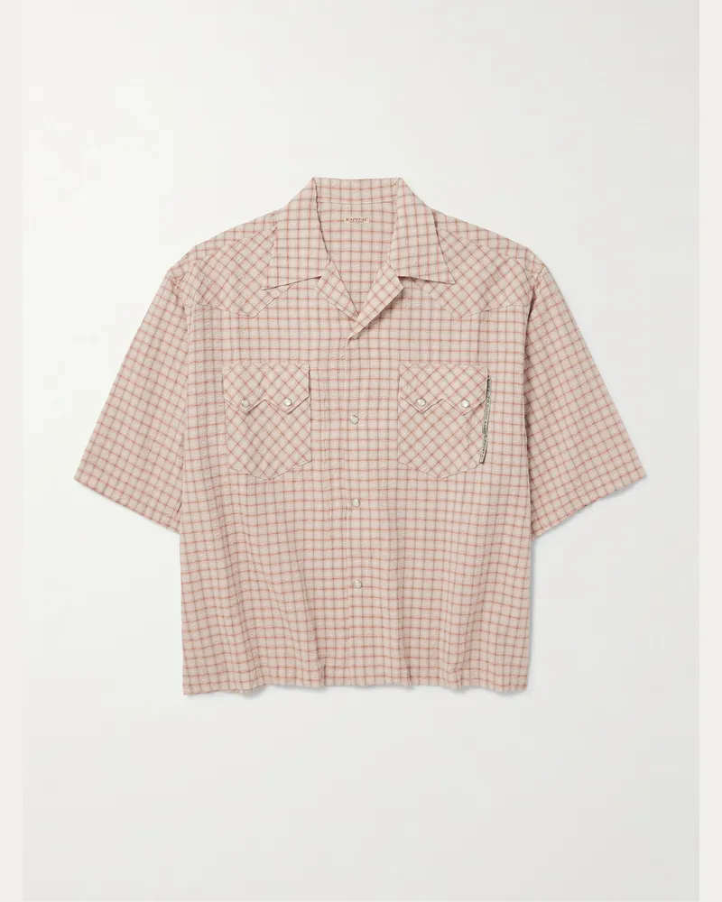 KAPITAL Hemd im Western-Stil aus kariertem Seersucker aus einer Baumwoll-Leinenmischung mit Reverskragen und Logoapplikation Orange