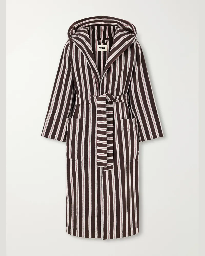 TEKLA Hooded Belted Striped Organic Cotton-Terry Robe Brown