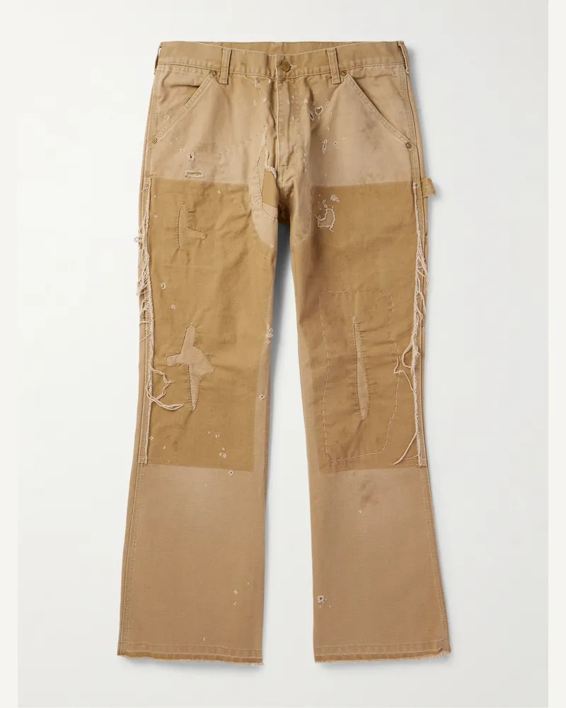SAINT MXXXXXX Bootcut Distressed Cotton-Canvas Trousers Brown