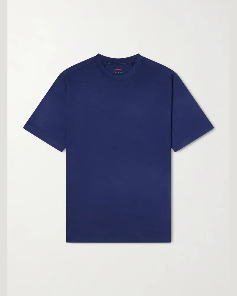 SEASE Runner Logo-Print Merino Wool T-Shirt Blue