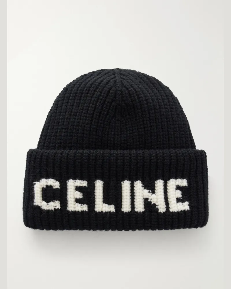 Celine Logo-Jacquard Ribbed Wool And Cashmere-Blend Beanie Black