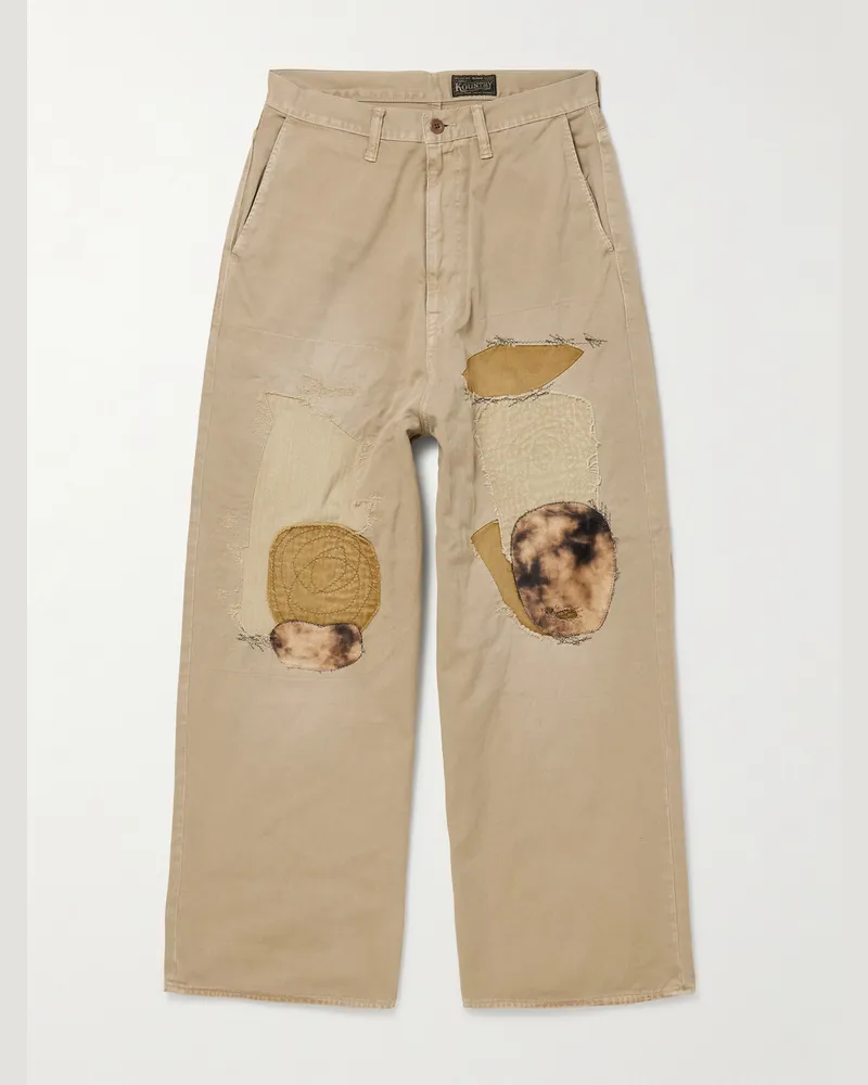 KAPITAL Katsuragi Port Straight-Leg Patchwork Distressed Cotton-Twill Trousers Neutrals