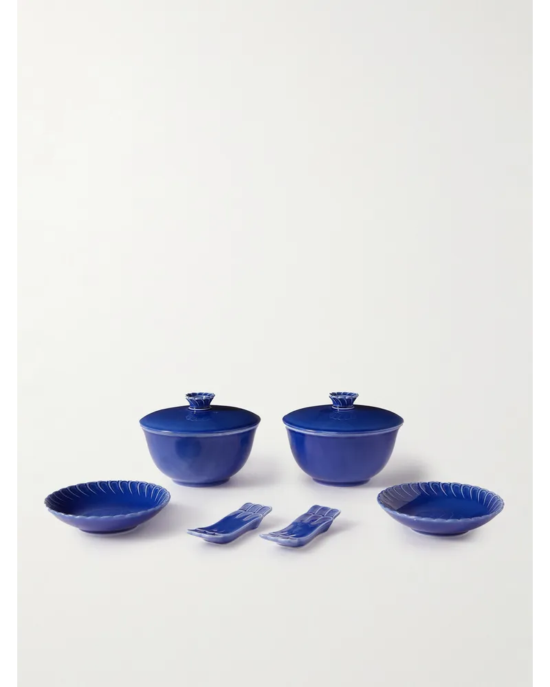 Buccellati Ginori Asia Set aus zwei Schüsseln und Essstäbchenhaltern aus Porzellan Blau