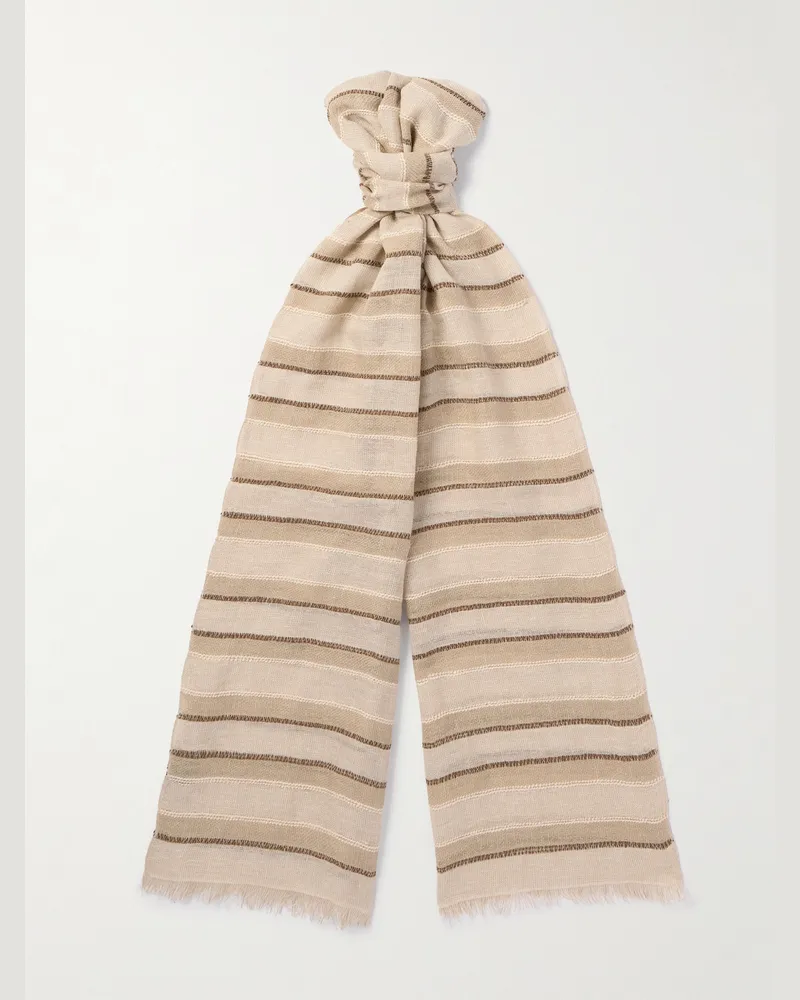 Loro Piana Nakaumi Frayed Striped Silk, Linen and Cotton-Blend Scarf Neutrals