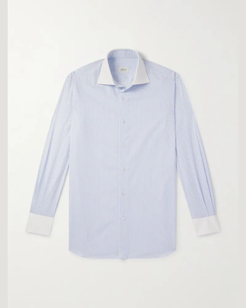 Brioni Gestreiftes Hemd aus Baumwoll-Twill mit Cutaway-Kragen Blau
