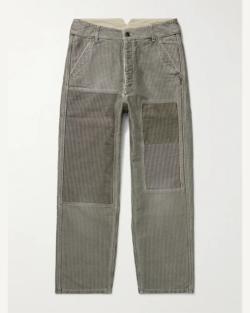 Visvim Pastoral gerade geschnittene Hose aus gestreiftem Baumwoll-Moleskin in Patchwork-Optik Grau