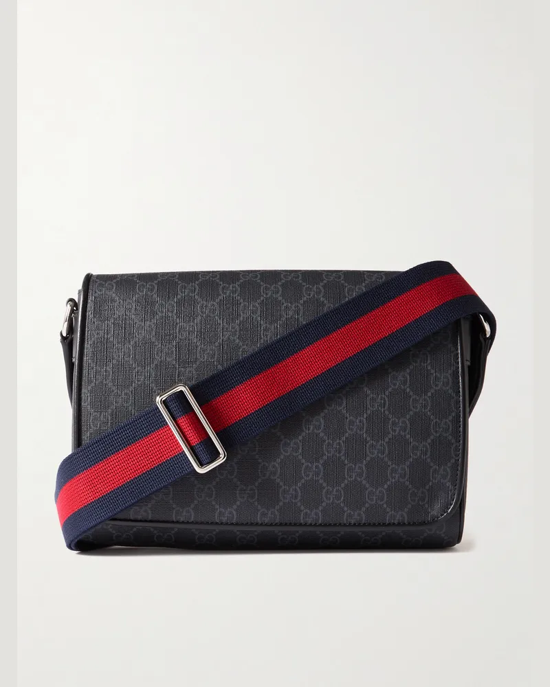 Gucci Monogrammed Coated-Canvas and Leather Messenger Bag Black