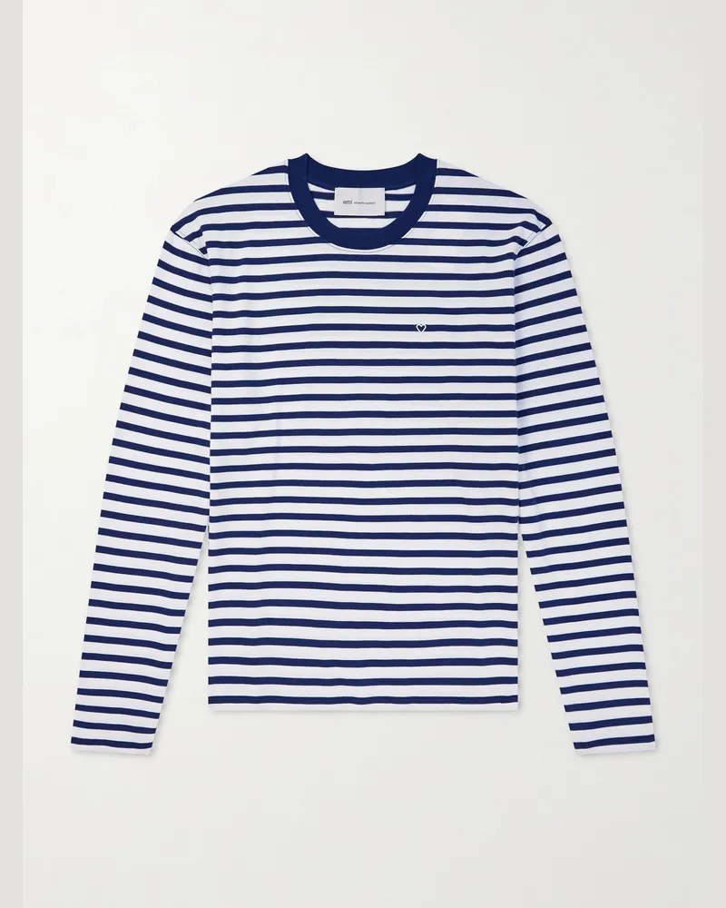 AMI Paris Quota Logo-Print Striped Cotton-Jersey T-Shirt Blue