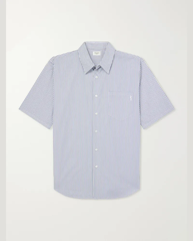Saint Laurent Logo-Embroidered Striped Cotton-Poplin Shirt Blue