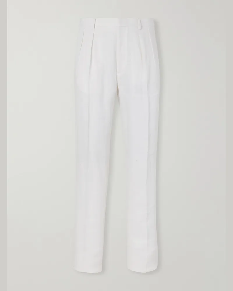 Ralph Lauren Straight-Leg Pleated Herringbone Linen Trousers White