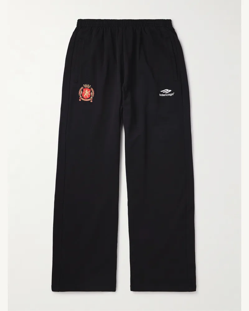 Balenciaga Wide-Leg Logo-Embroidered Cotton-Jersey Sweatpants Black