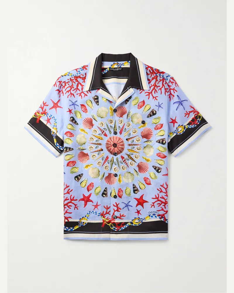 Dolce & Gabbana Hemd aus bedrucktem Leinen mit Reverskragen Blau