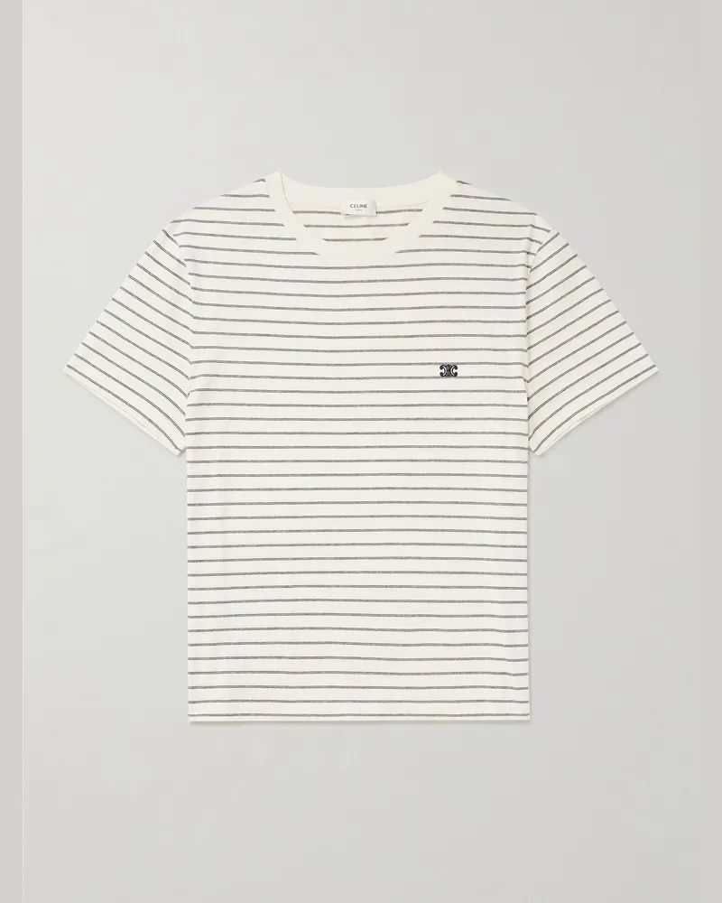 Celine Triomphe T-Shirt aus gestreiftem Baumwoll-Jersey mit Logostickerei Neutral
