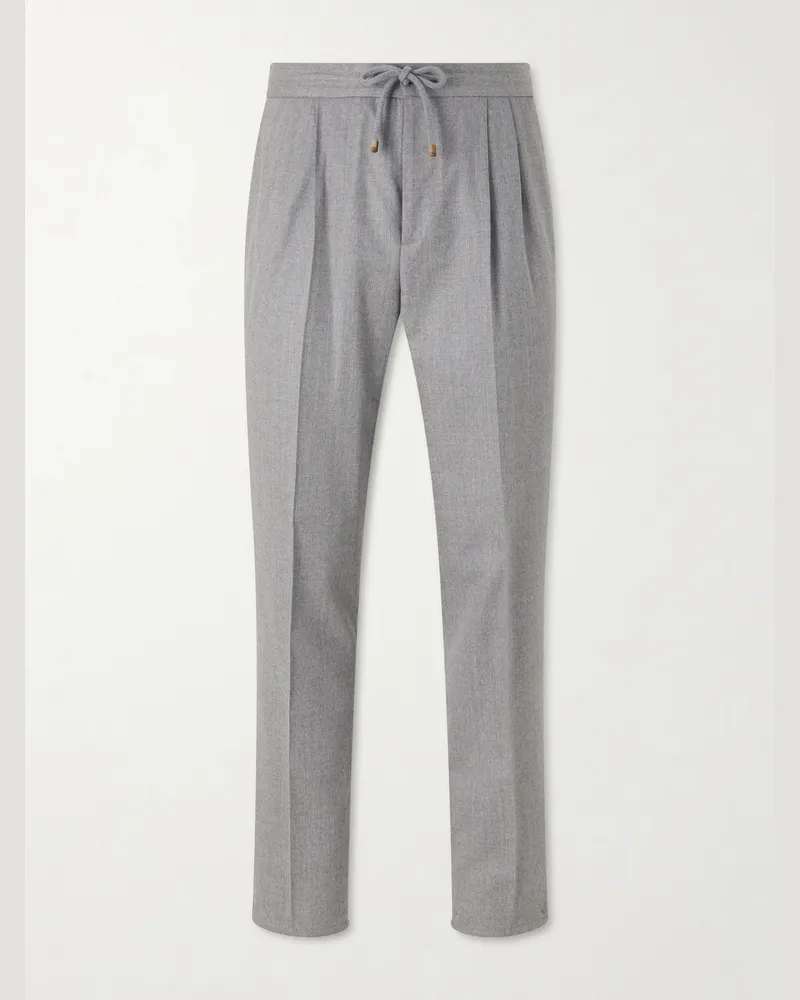 Brunello Cucinelli Tapered Pleated Virgin Wool-Flannel Drawstring Trousers Gray