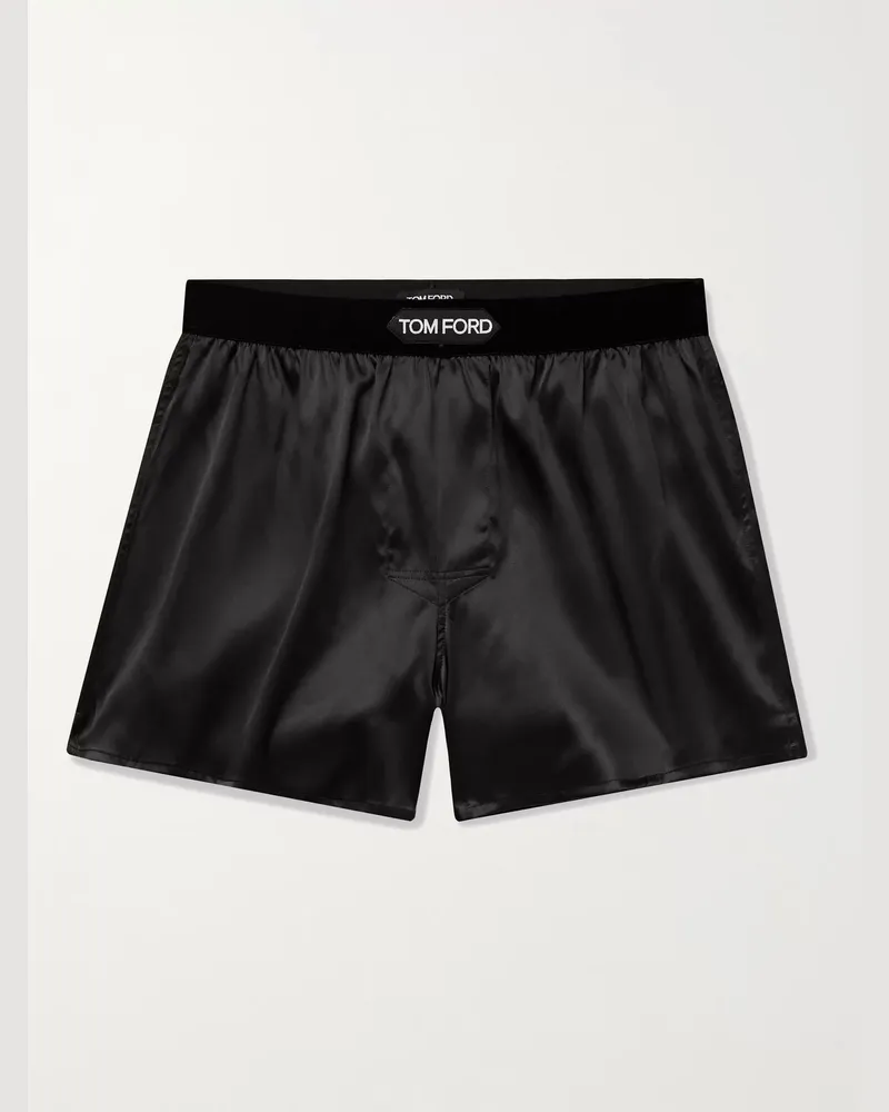 Tom Ford Velvet-Trimmed Stretch-Silk Satin Boxer Shorts Black