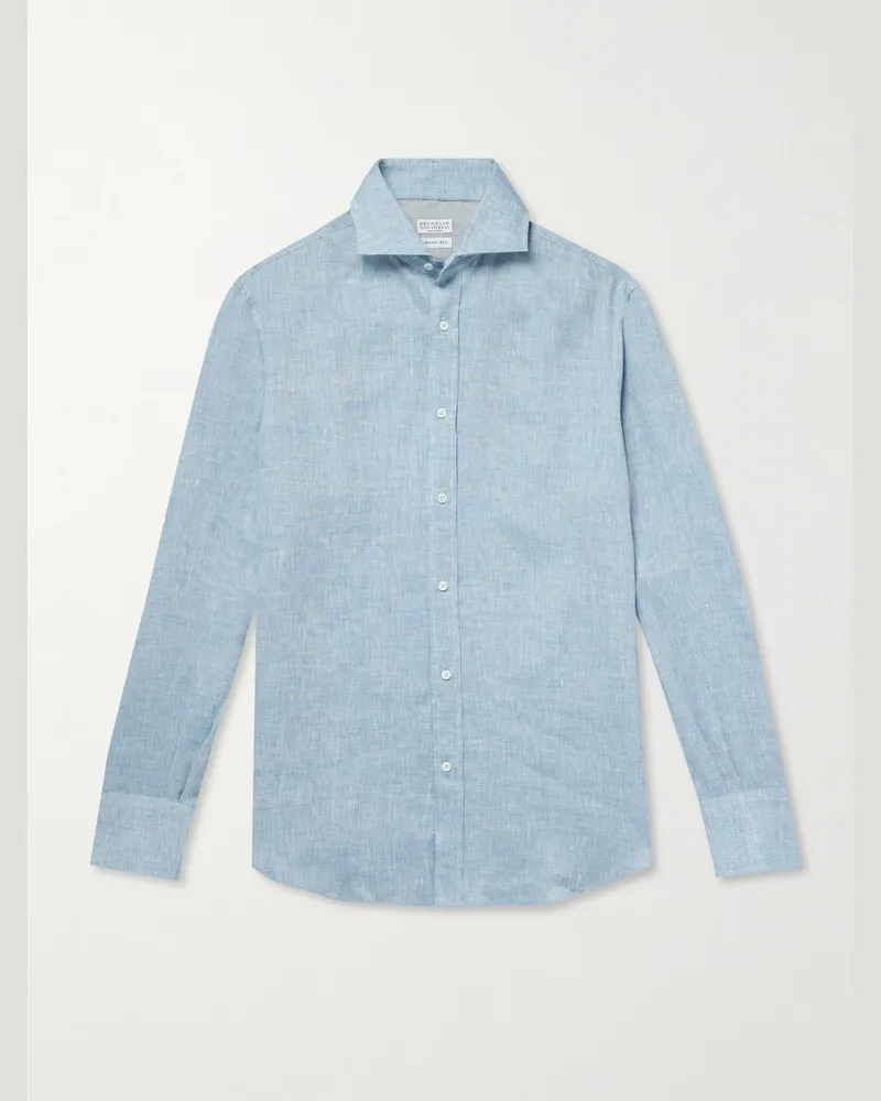 Brunello Cucinelli Hemd aus Leinen mit Cutaway-Kragen Blau